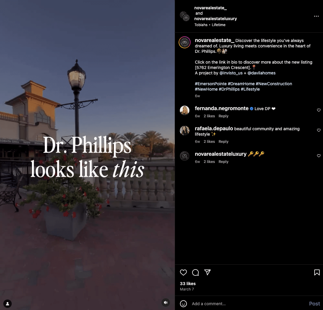 Screenshot of a video Instagram Reel with text that reads "Dr. Phillips looks like this" over a background image of a sidewalk with a lightpost.